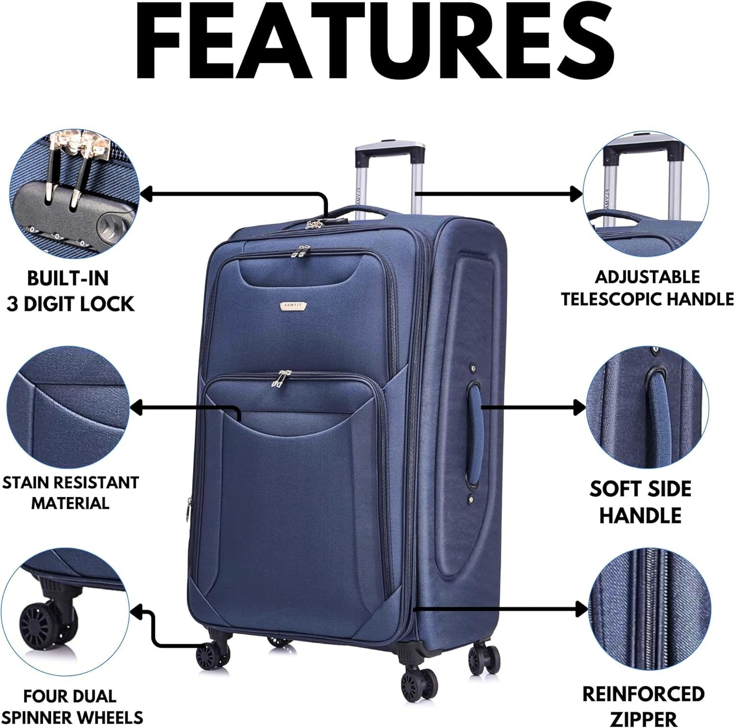 Medium Lightweight 4 Wheel Suitcase Expandable Lock Navy 26in