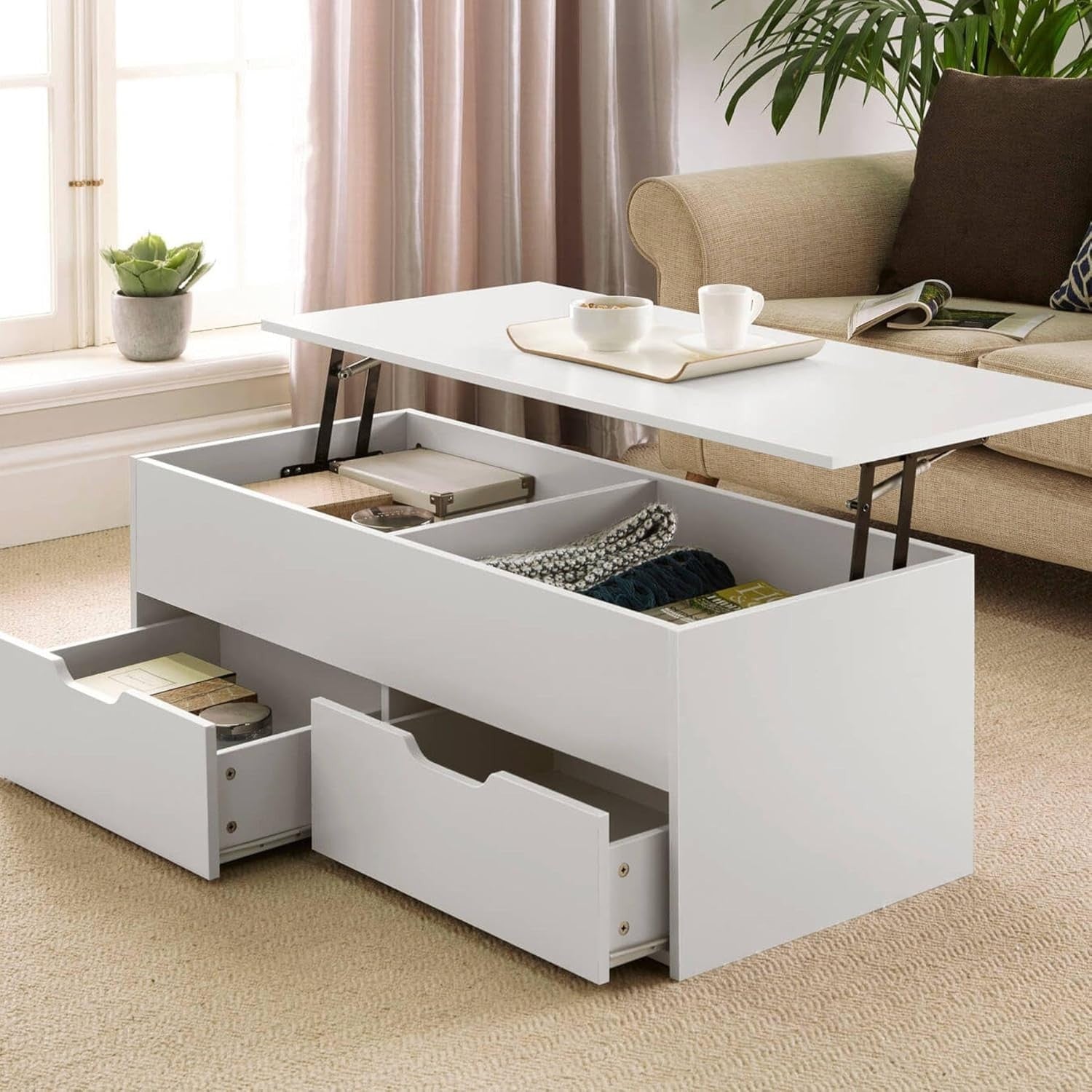 White Lift-Top Coffee Table with Locking Storage Drawers 115x50x40cm