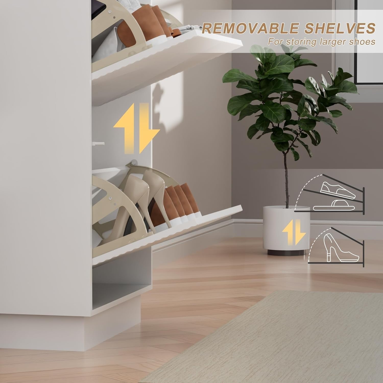 White Slim Shoe Cabinet Storage | 3 Flip Drawers, Anti-Tip, 131cm Tall