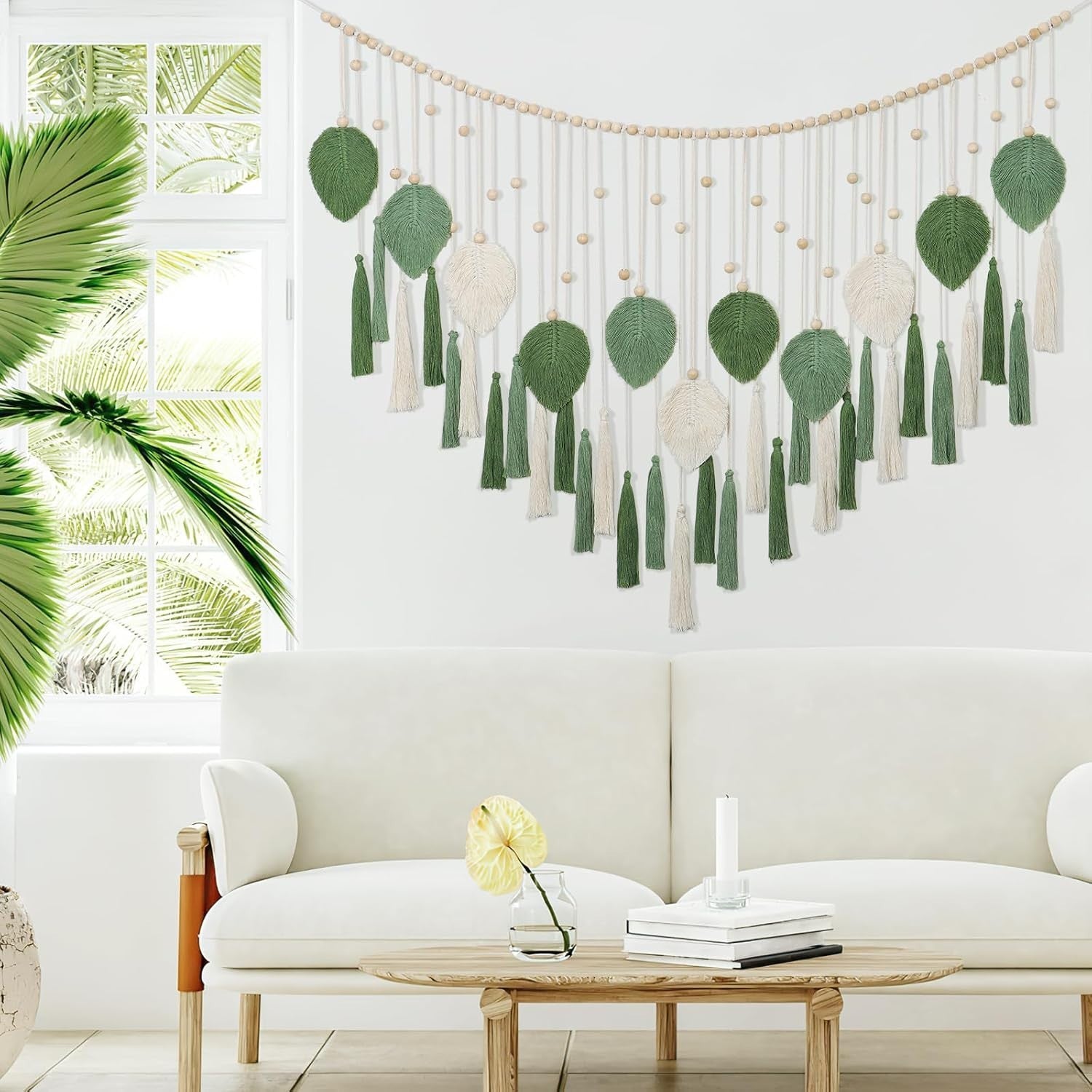 Large Macrame Wall Hanging Beige Green Leaf Tassel Boho Decor