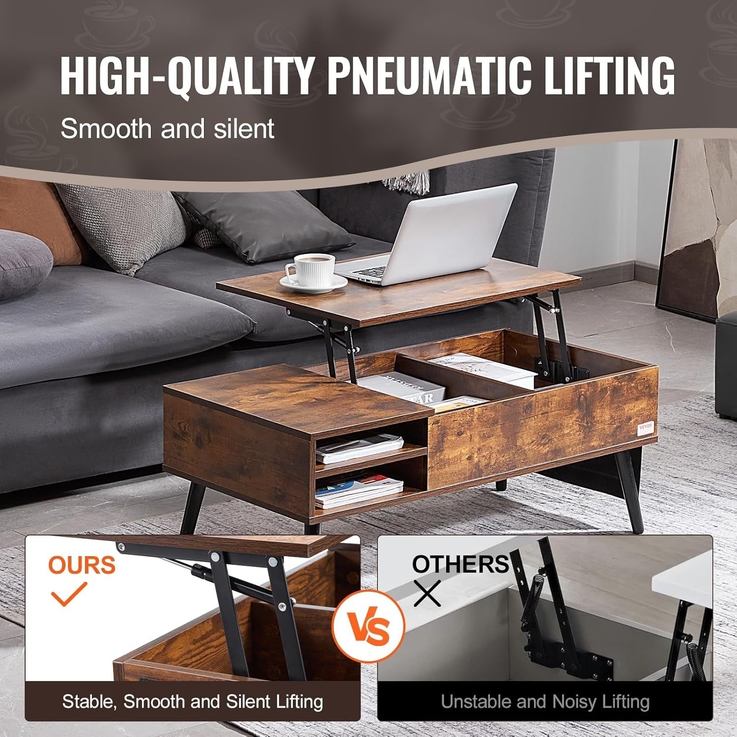 Lift Top Coffee Table with Storage, Pop Up Table 100cm for Small Spaces