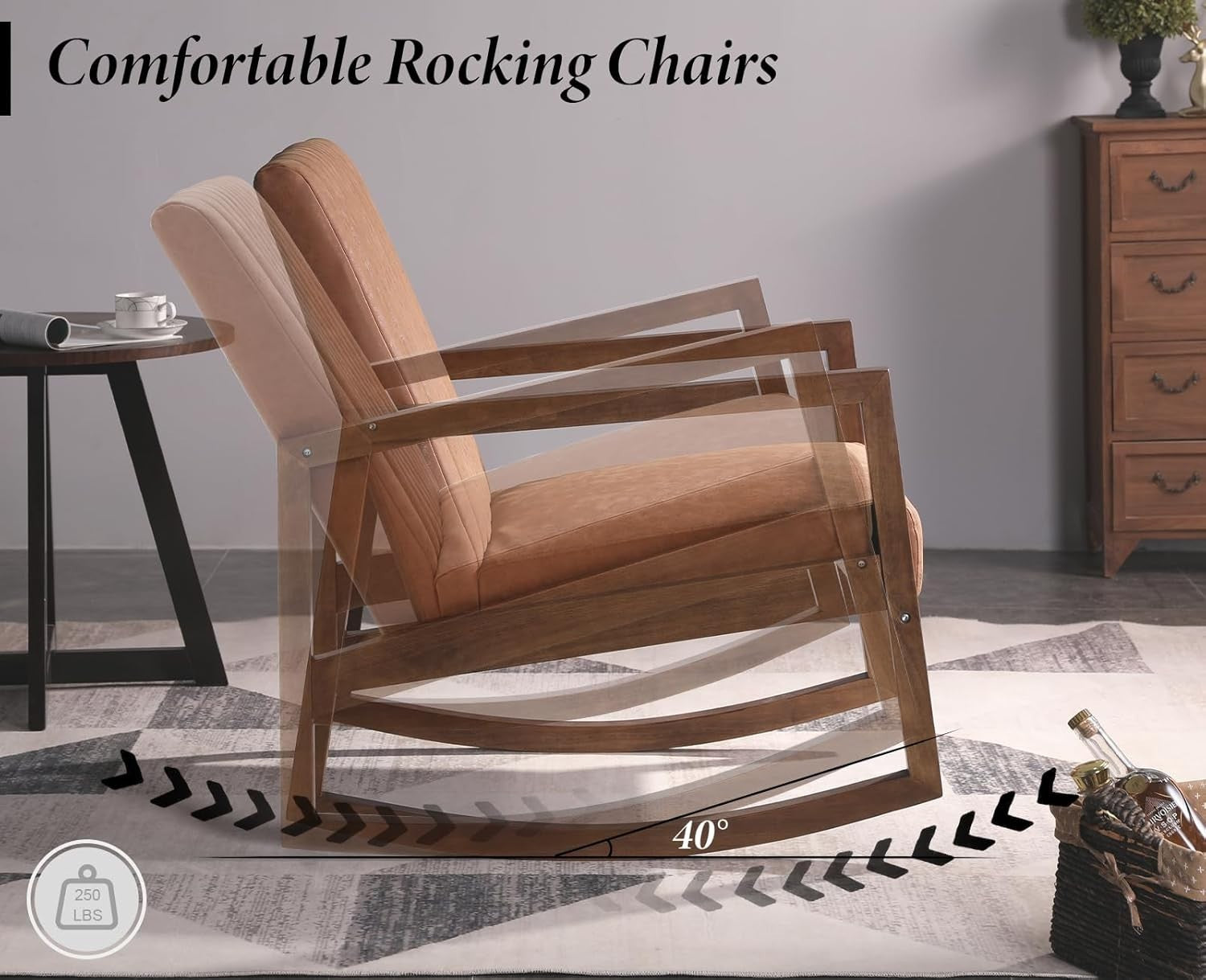 Retro PU Leather Rocking Chair Walnut Wood Frame Comfortable Reading Seat