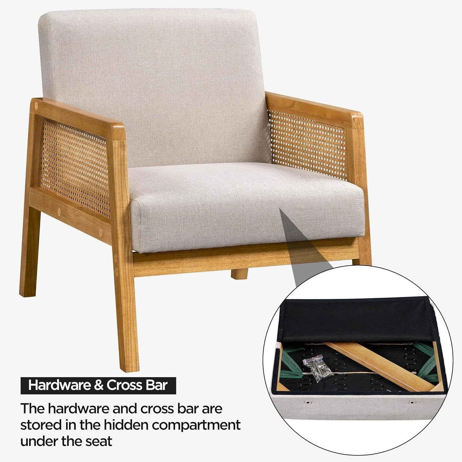 Modern Linen Accent Chair with Rattan Sides, Comfortable Armchair for Living
