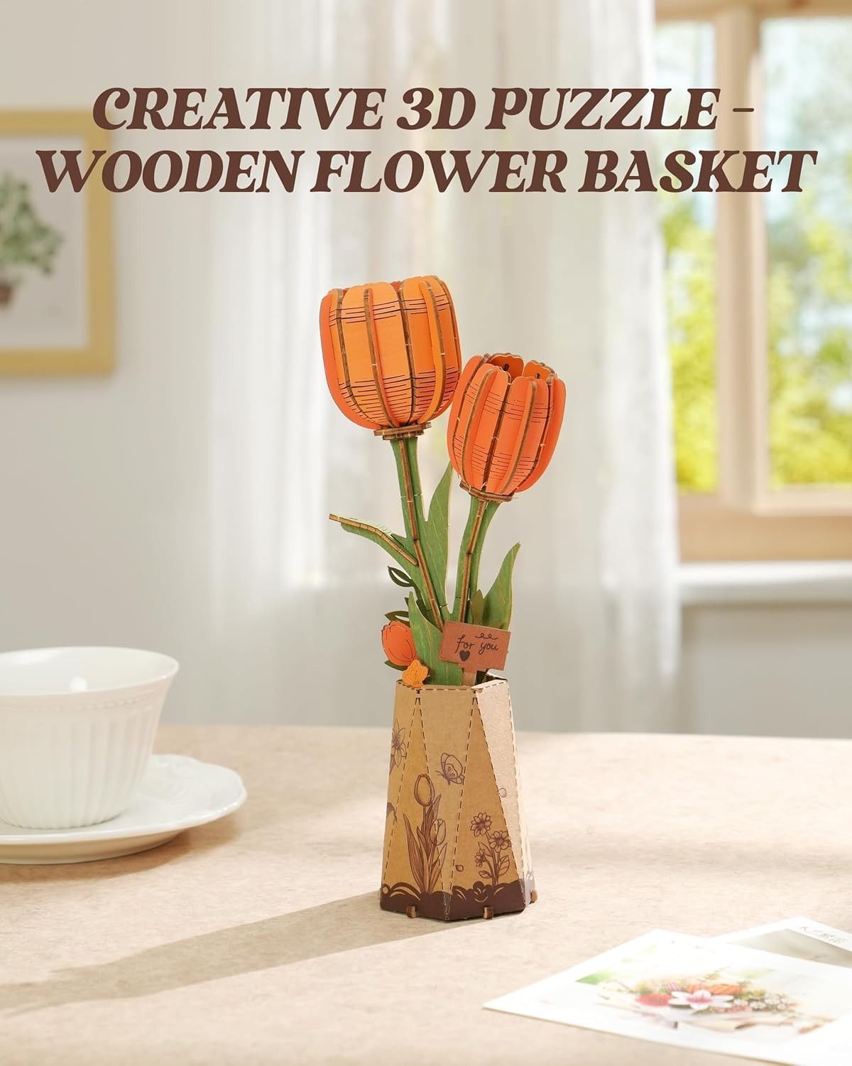 Wooden 3D Tulip Puzzle Flower Decor – DIY Gift for Women, Table Display