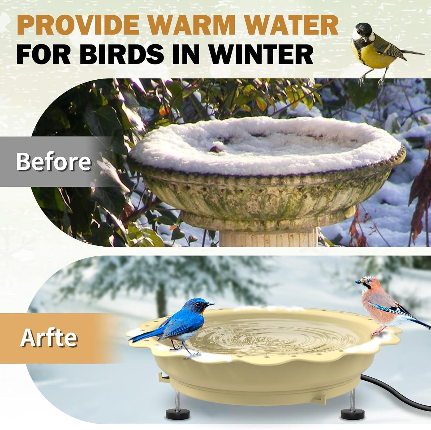 100W Heated Bird Bath Outdoor Thermostat Anti-Freeze Feeder Khaki
