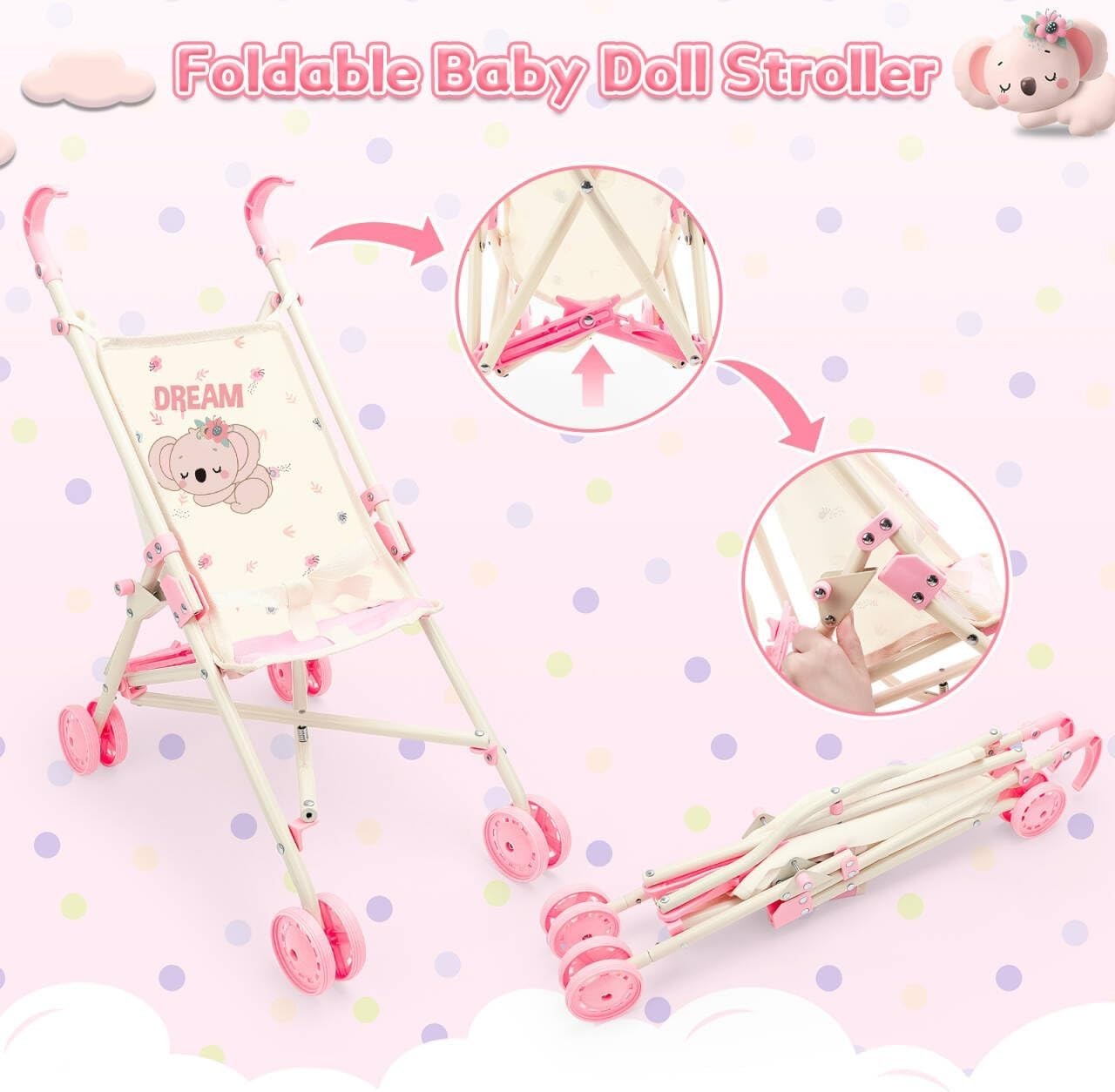 Baby Doll Stroller Playset with 14in Doll Cot Tent Accessories 25pcs
