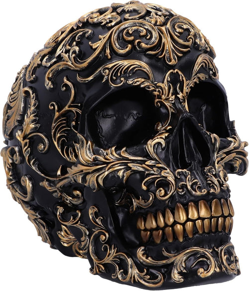 Baroque Skull Ornament 19cm Black Gold Resin Gothic Decor Ornate Display Piece