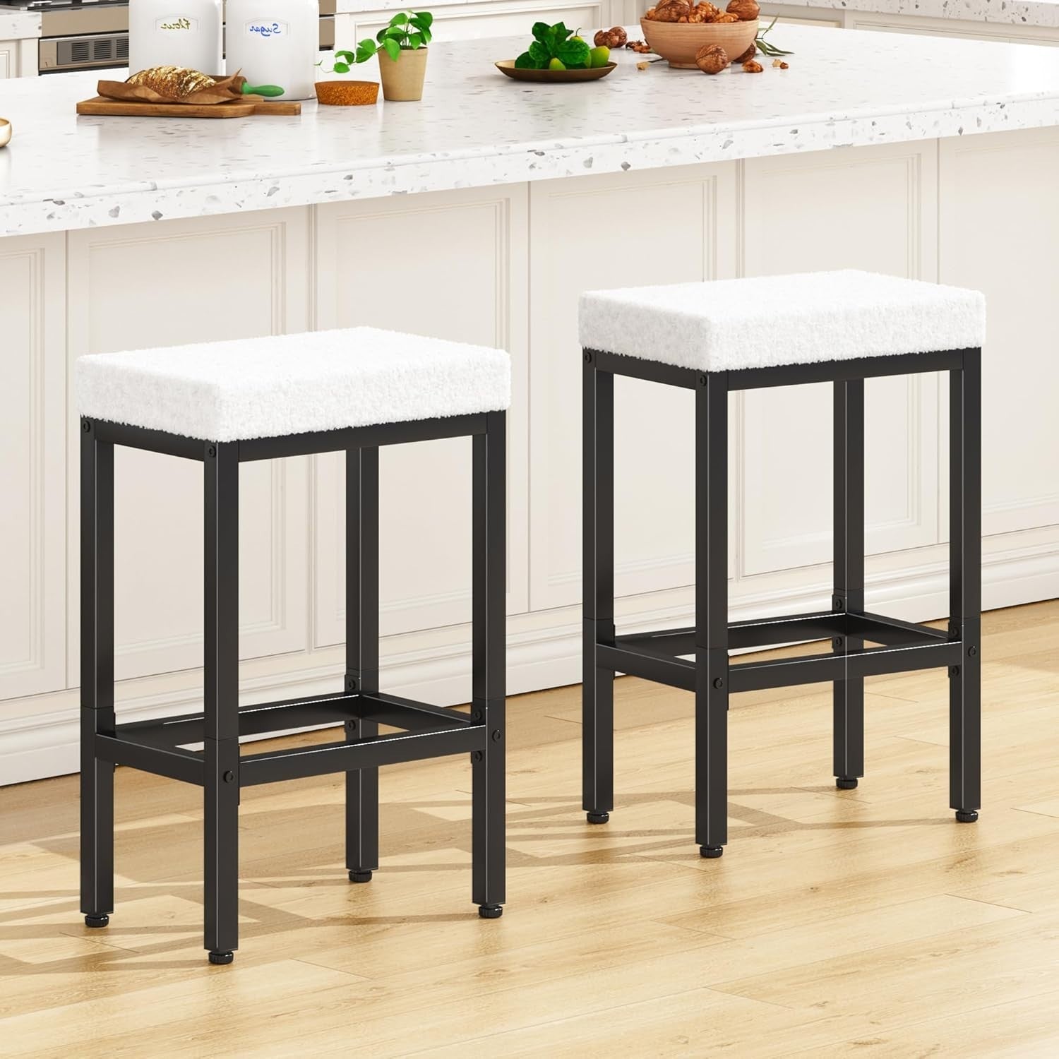 White Bar Stools Set of 2 Counter Height Kitchen Chairs 66cm