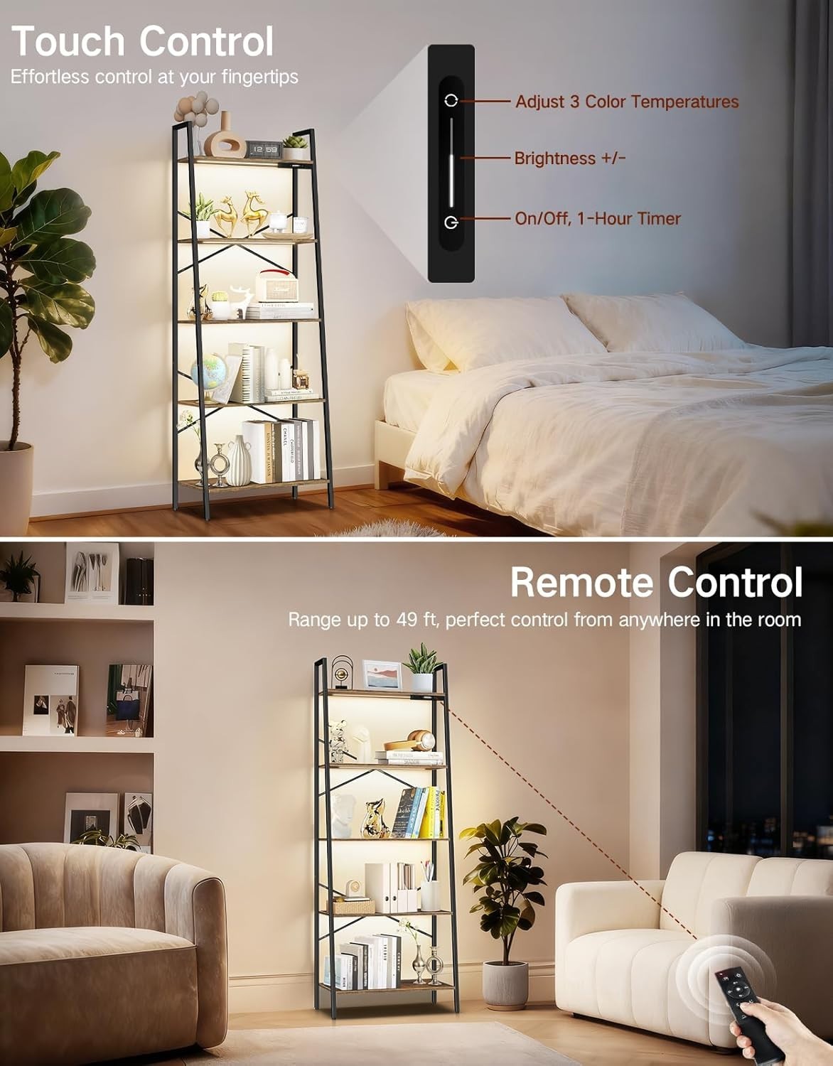 5 Tier Ladder Shelf LED Lights Dimmable Tall Bookcase Corner Unit