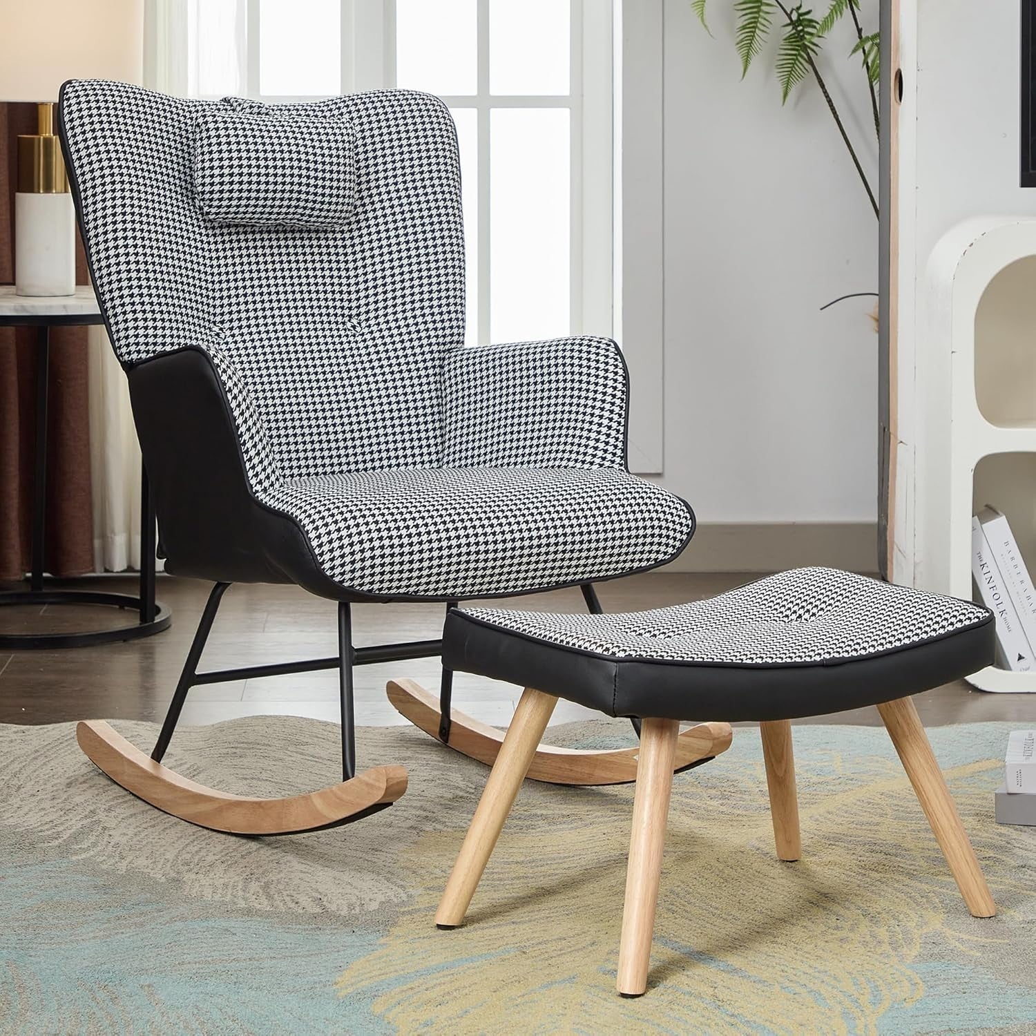 Houndstooth Rocking Chair w/ Footstool & Pillow Lounge Seat for Nursery
