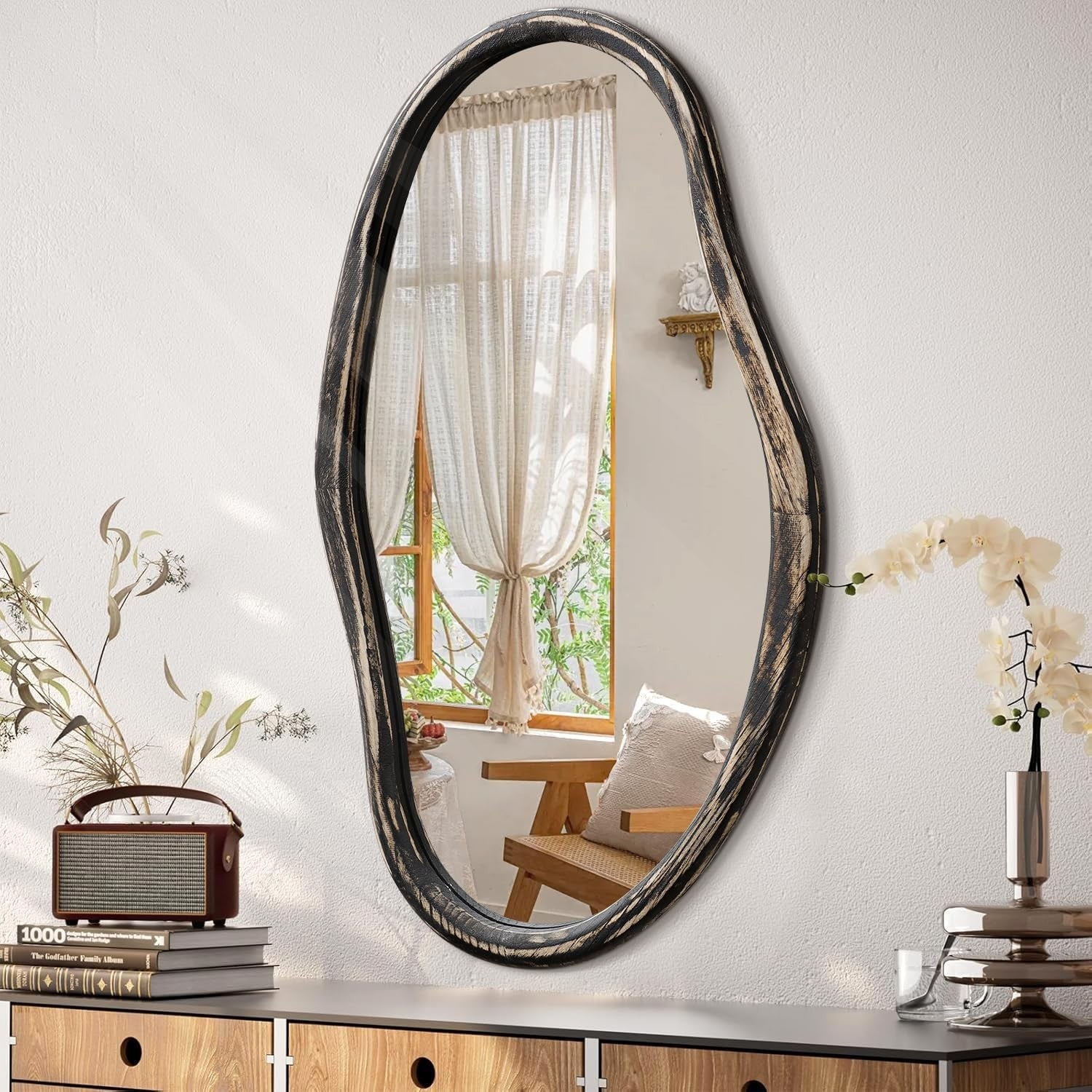 90x60cm Irregular Wall Mirror Rustic Black Modern Bathroom Hallway Decor