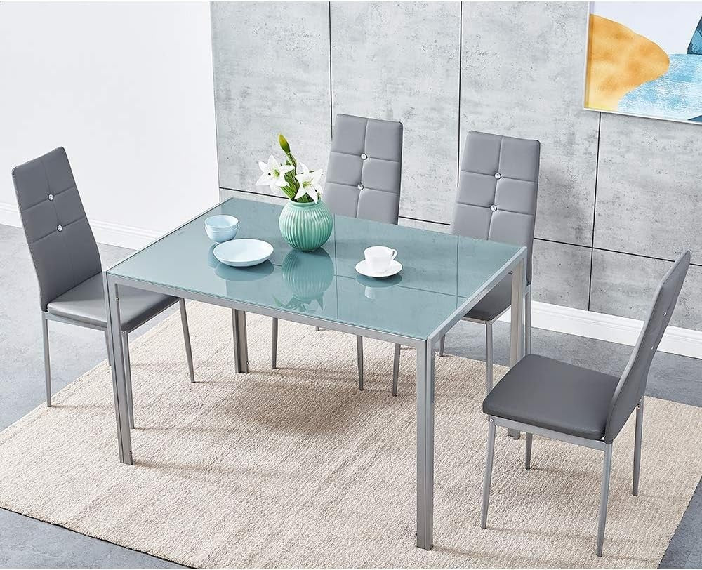 Modern Grey Glass Dining Table with 4 Faux Leather Chairs – 120CM, Durable