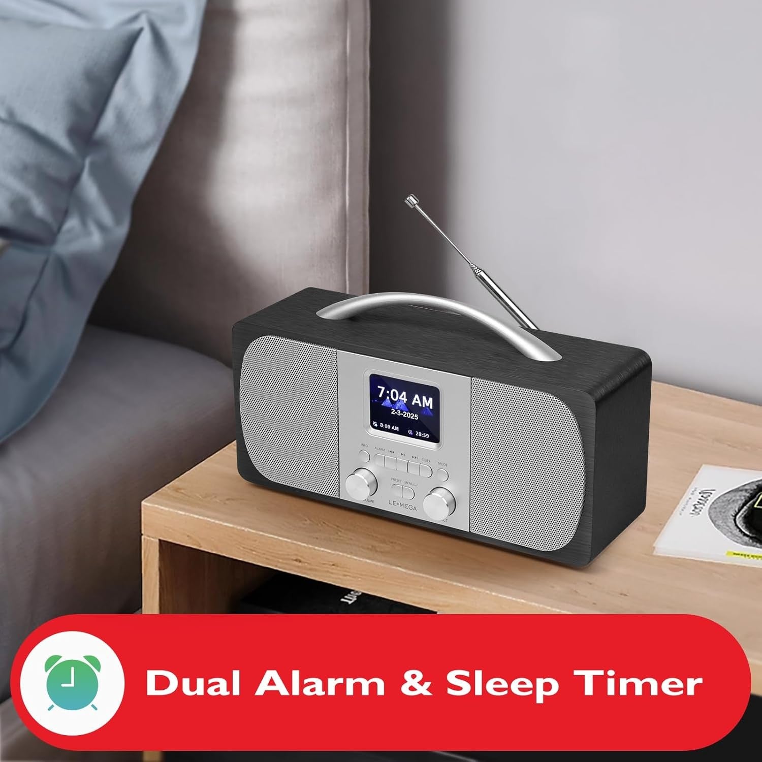 DAB DAB+ FM Digital Radio Bluetooth Dual Alarm Wood Cabinet