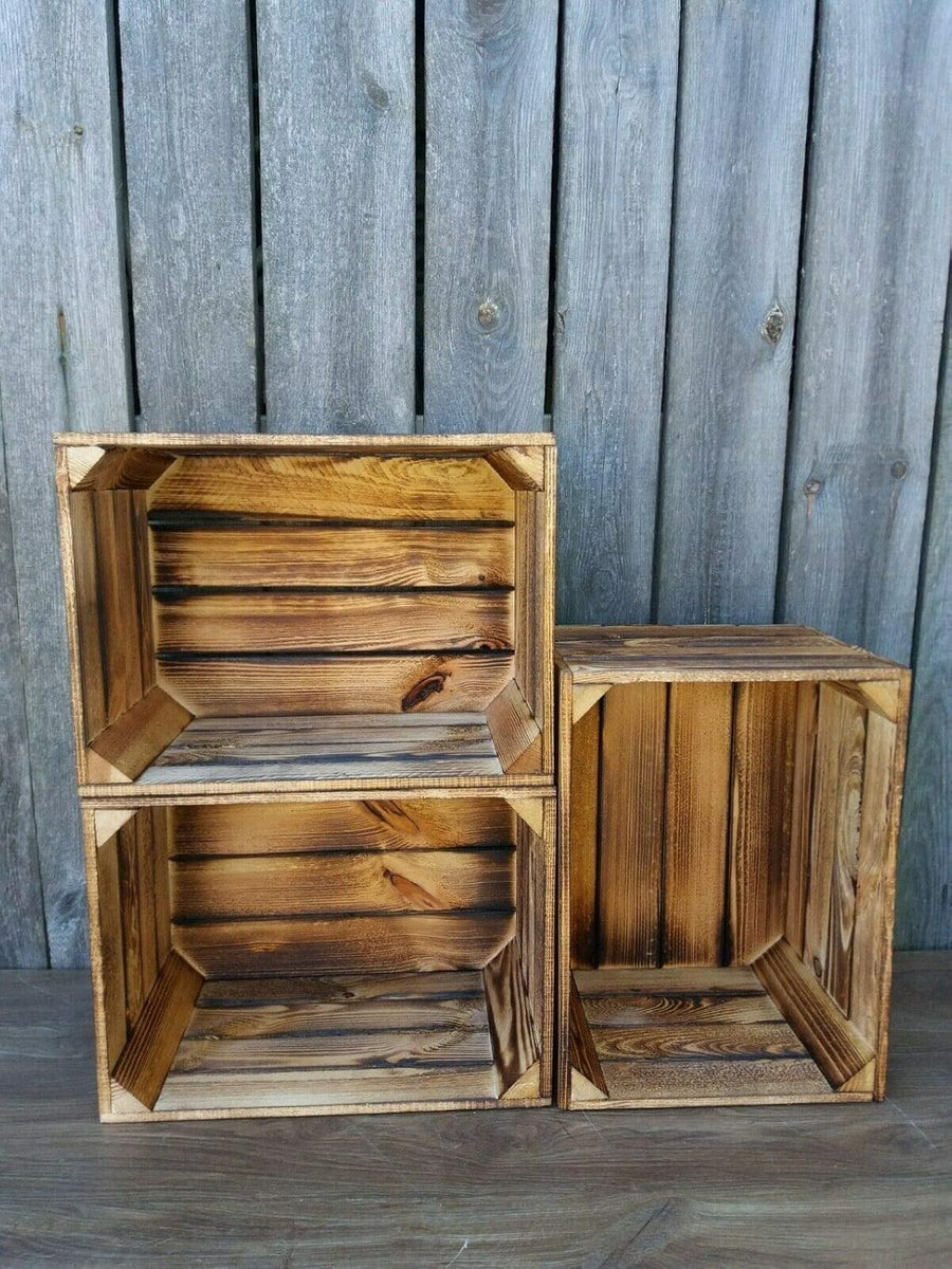 Burnt Finish Wooden Crates 29x24x39cm – Handmade Set of 3