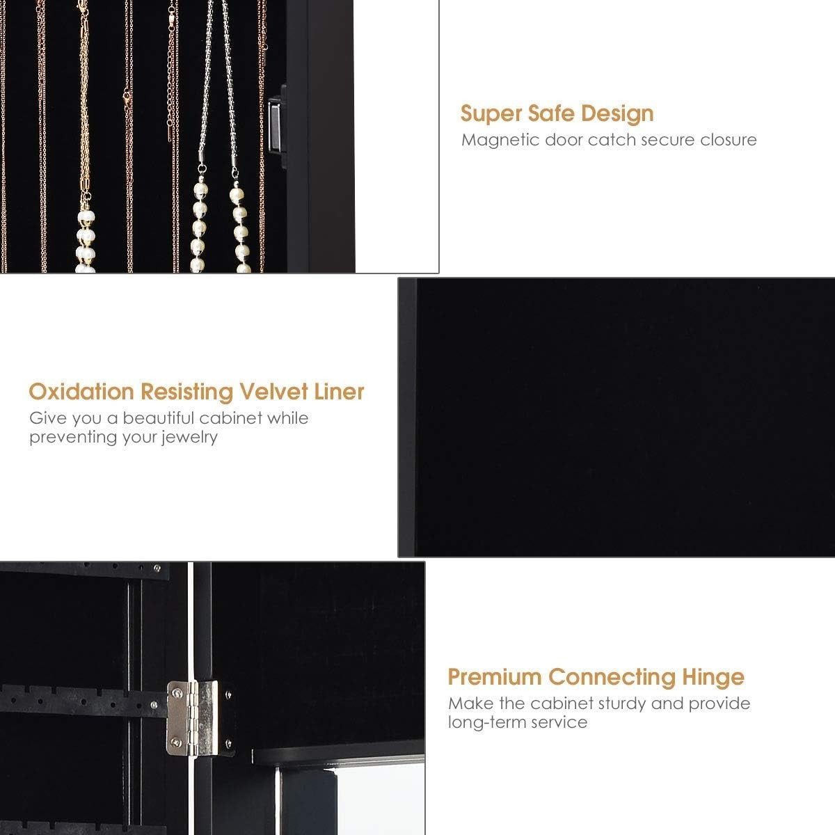 Hanging Jewelry Cabinet Full Length Mirror Wall Mounted Storage Black