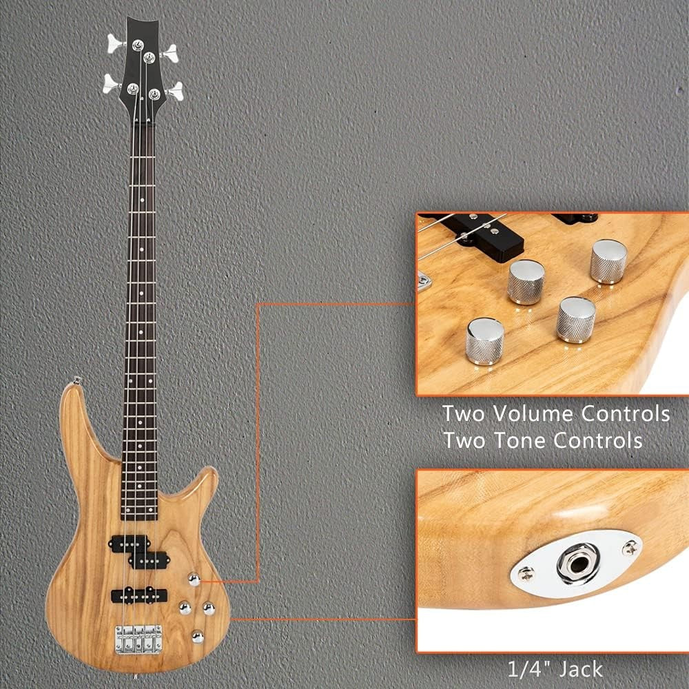 Full Size 4 String Electric Bass Guitar Beginner Kit Natural Wood