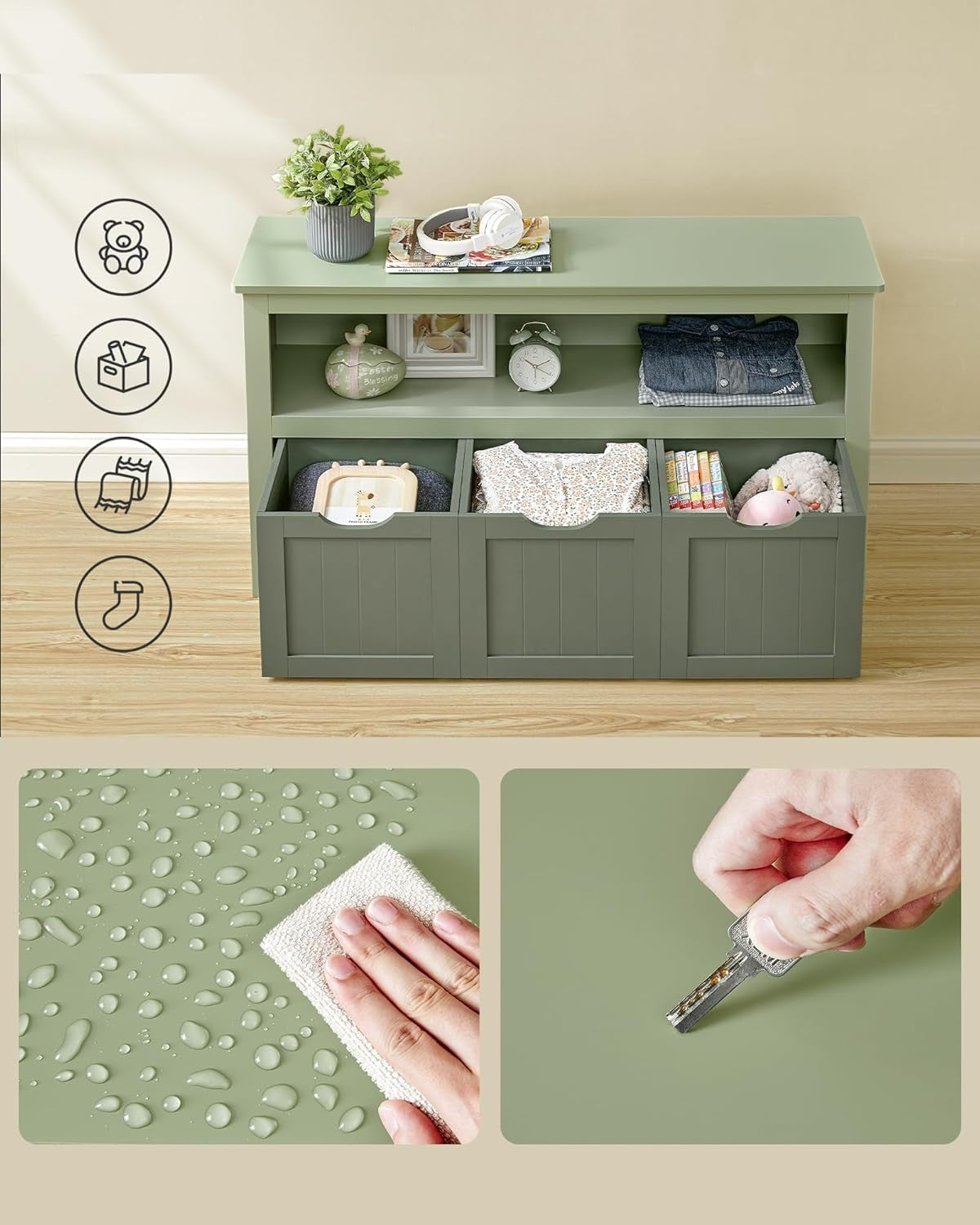 Kids Toy Storage Cabinet Green with Wheels – 3 Drawer Bookcase Unit