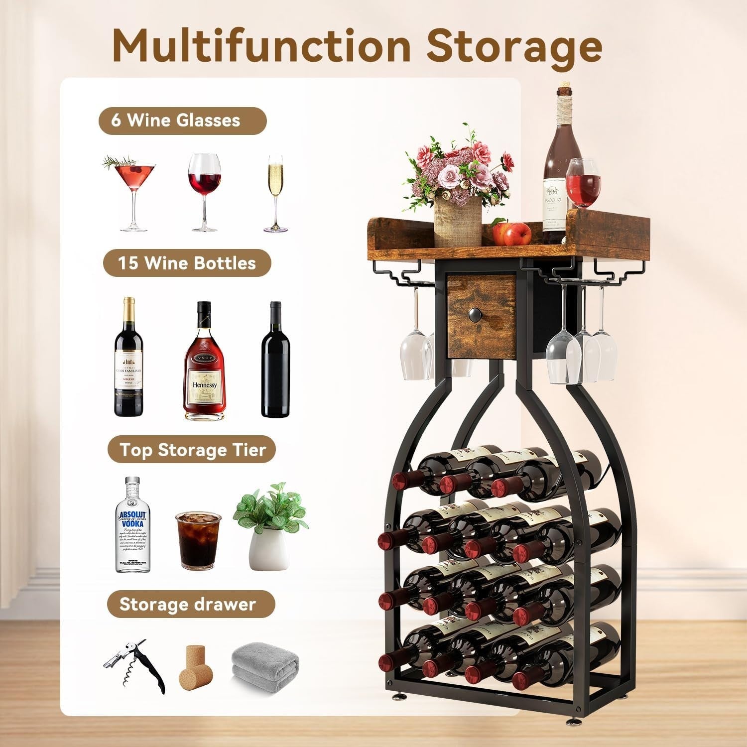 Freestanding Wine Rack Bar Cabinet 15 Bottle Storage with Glass Holder & Drawer