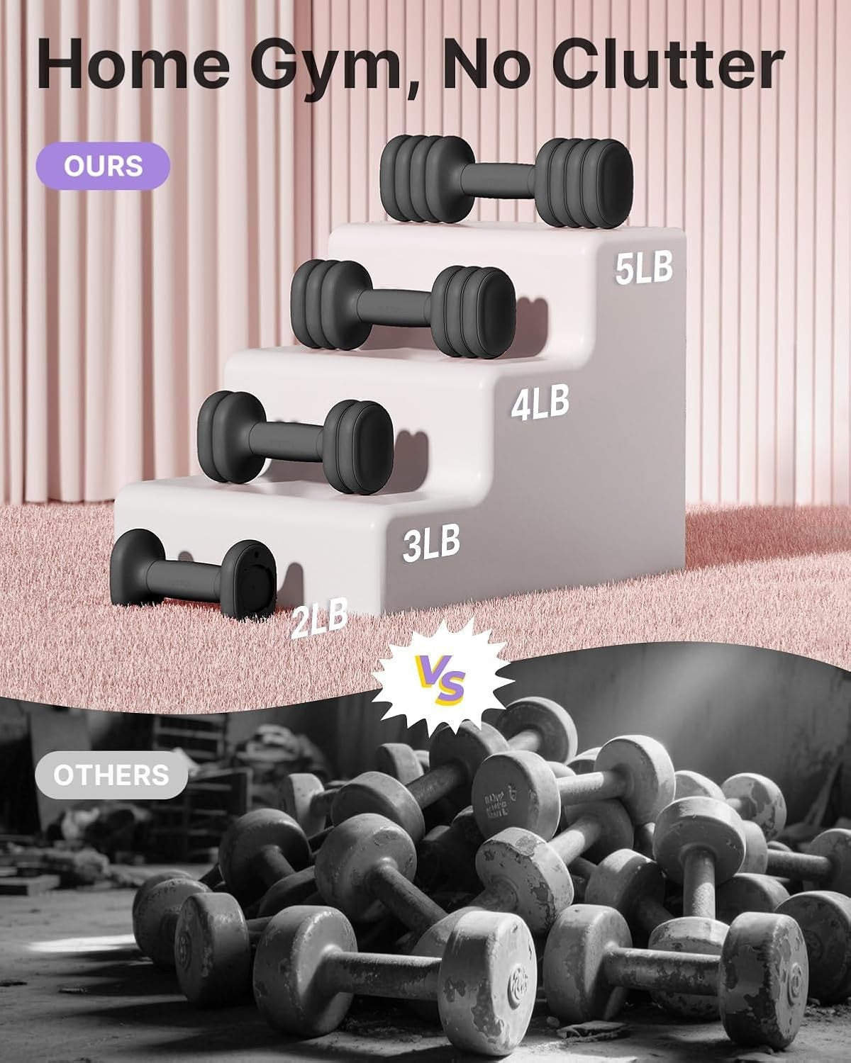 Adjustable Dumbbell Set 2–5 lb Each Compact Non-Slip Hand Weights Home Gym