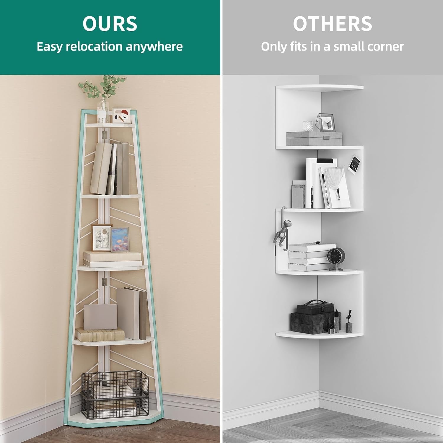 5-Tier White Corner Bookshelf Industrial Ladder Shelf Tall Display Storage Unit