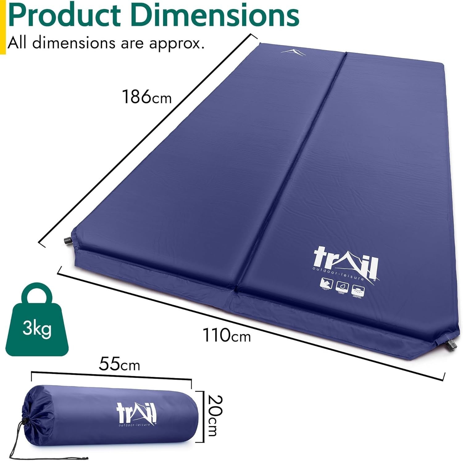 Double Self-Inflating Camping Mat – Thick 5cm Travel Sleeping Mattress