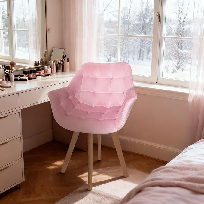 Pink Velvet Swivel Accent Armchair Vanity Makeup Chair Wood Legs