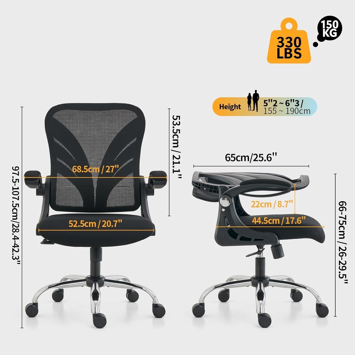 Ergonomic Folding Office Chair Mesh Back Lumbar Support Widen Seat Black