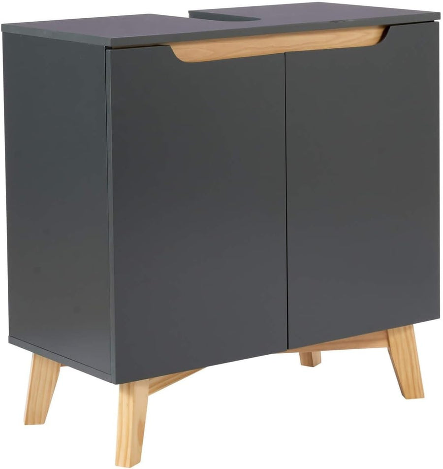 Modern Grey Bathroom Vanity Unit Under Sink Storage Cabinet with Wooden Legs