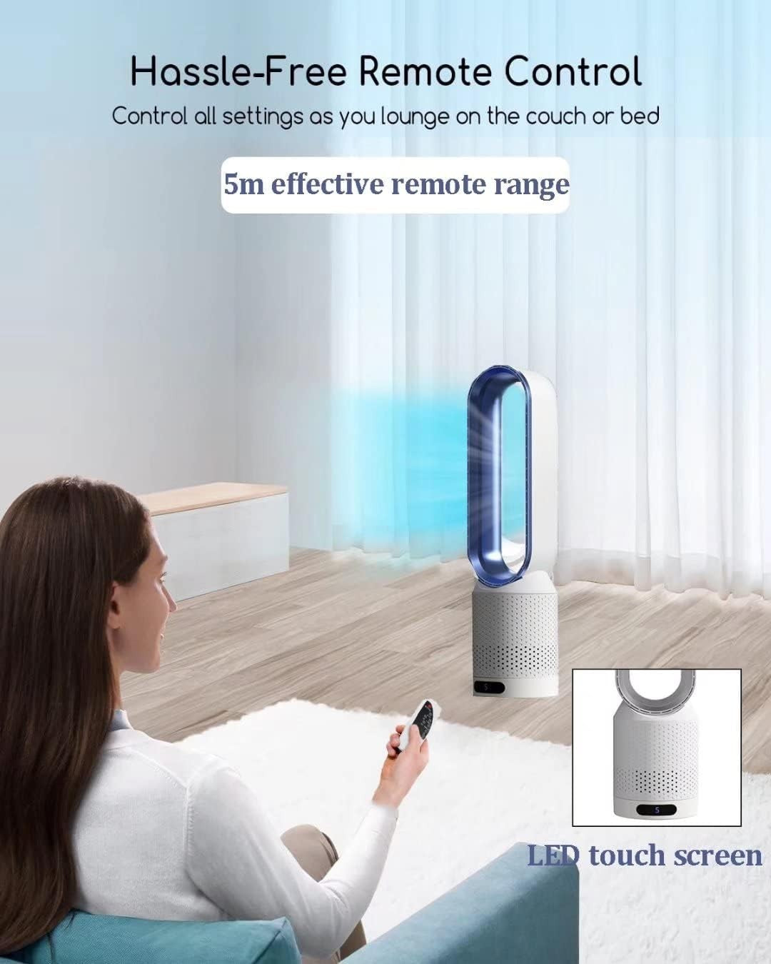 Bladeless Tower Fan 2-in-1 Air Purifier 8-Speed LED Touch Remote Control Blue