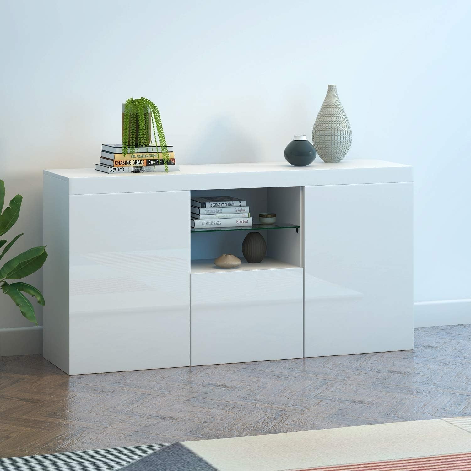 High Gloss White Sideboard Cabinet with LED Lights 3 Doors Storage Unit