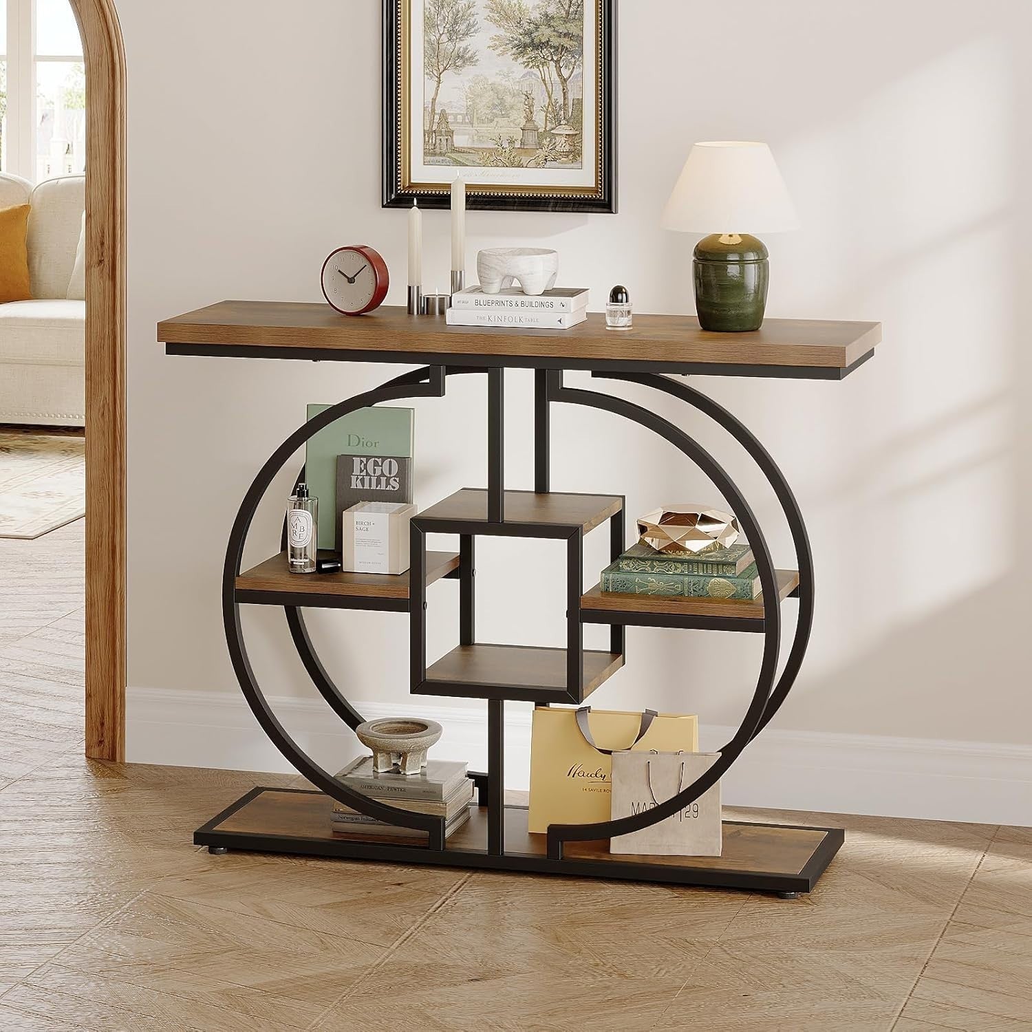 Rustic Industrial Console Table with 4-Tier Storage Shelves, 30D x 105W x 80H cm