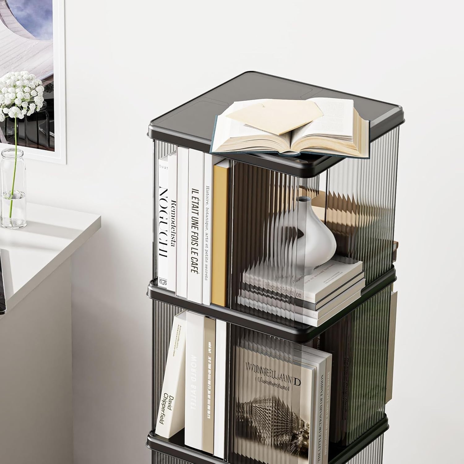 360° Rotating Plastic Bookshelf, 4-Tier Floor Standing Corner Bookcase