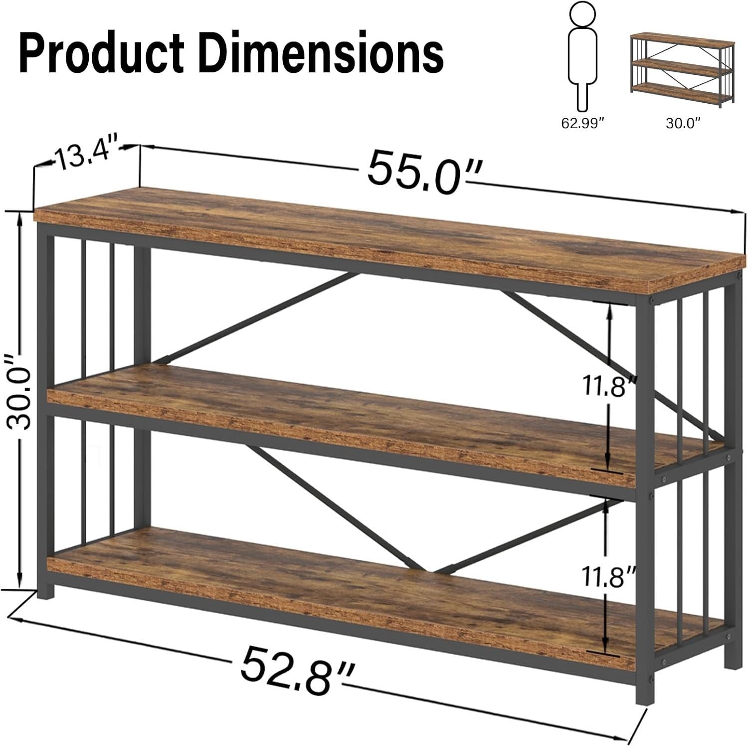 Rustic Industrial Console Table 3 Tier Storage Shelf 140x34x74cm