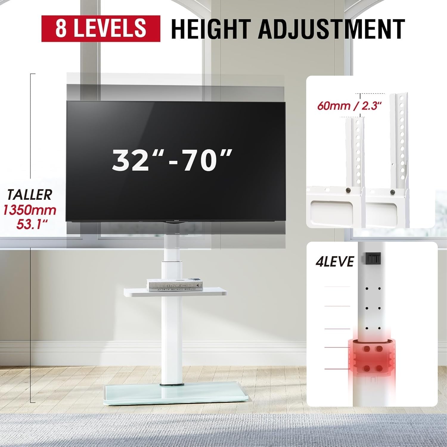 TV Stand 32–70” Floor Mount, Swivel Tilt Shelf, VESA 400x400, Height Adj