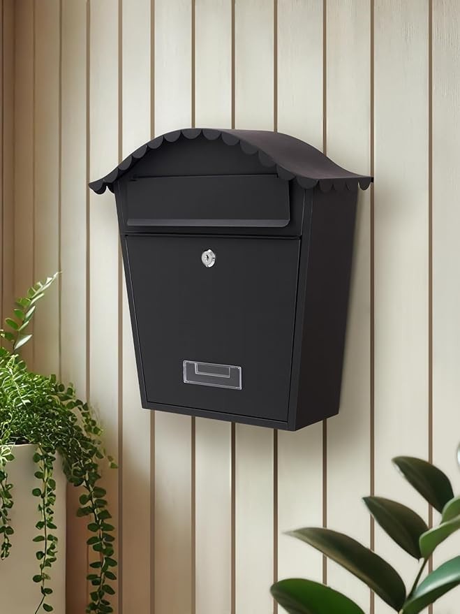Lockable Wall Mounted Mailbox Black – Weatherproof Steel Post Box w/ 2 Keys