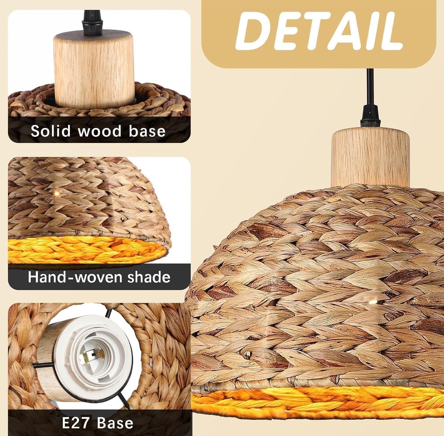 Boho Pendant Lamp Shade 30cm Water Hyacinth Woven Ceiling E27