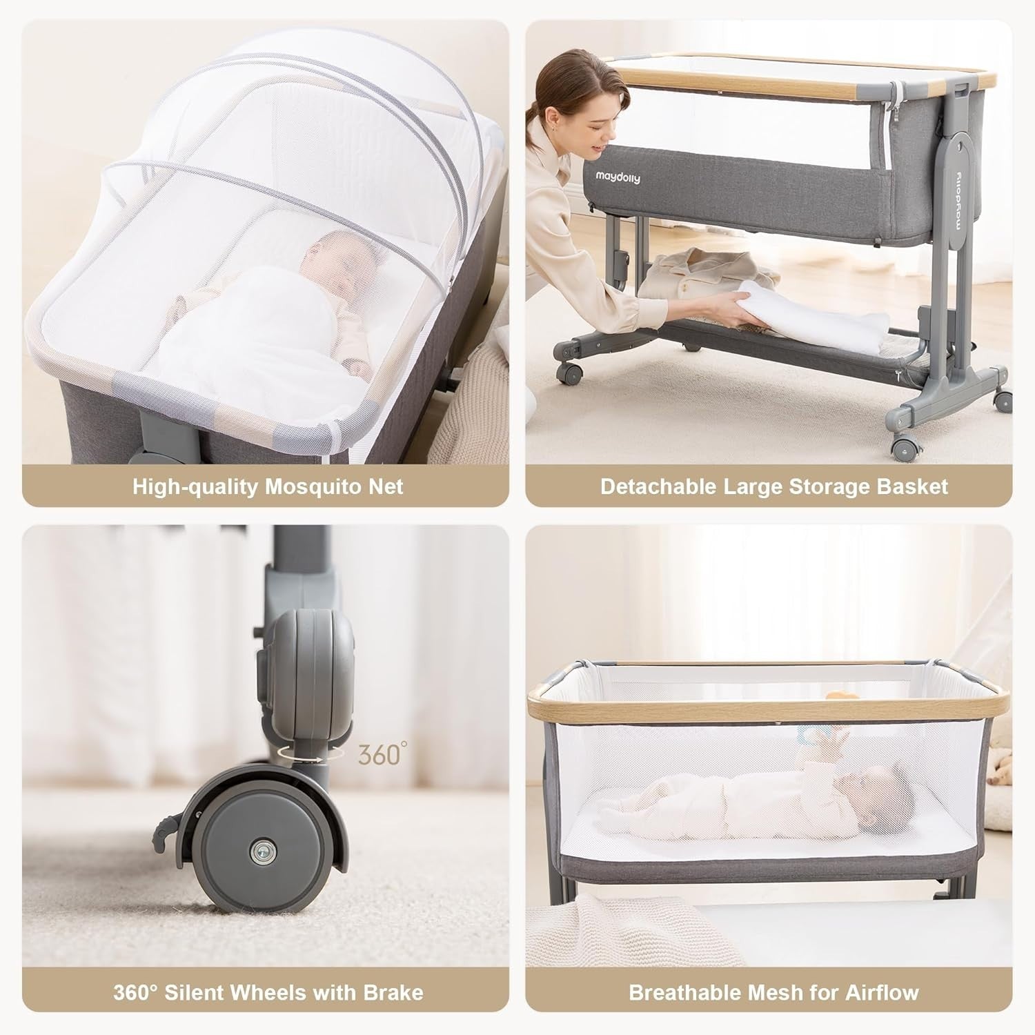 3in1 Baby Rocking Bassinet Bedside Crib Co-Sleeper Cot Breathable Mesh Grey