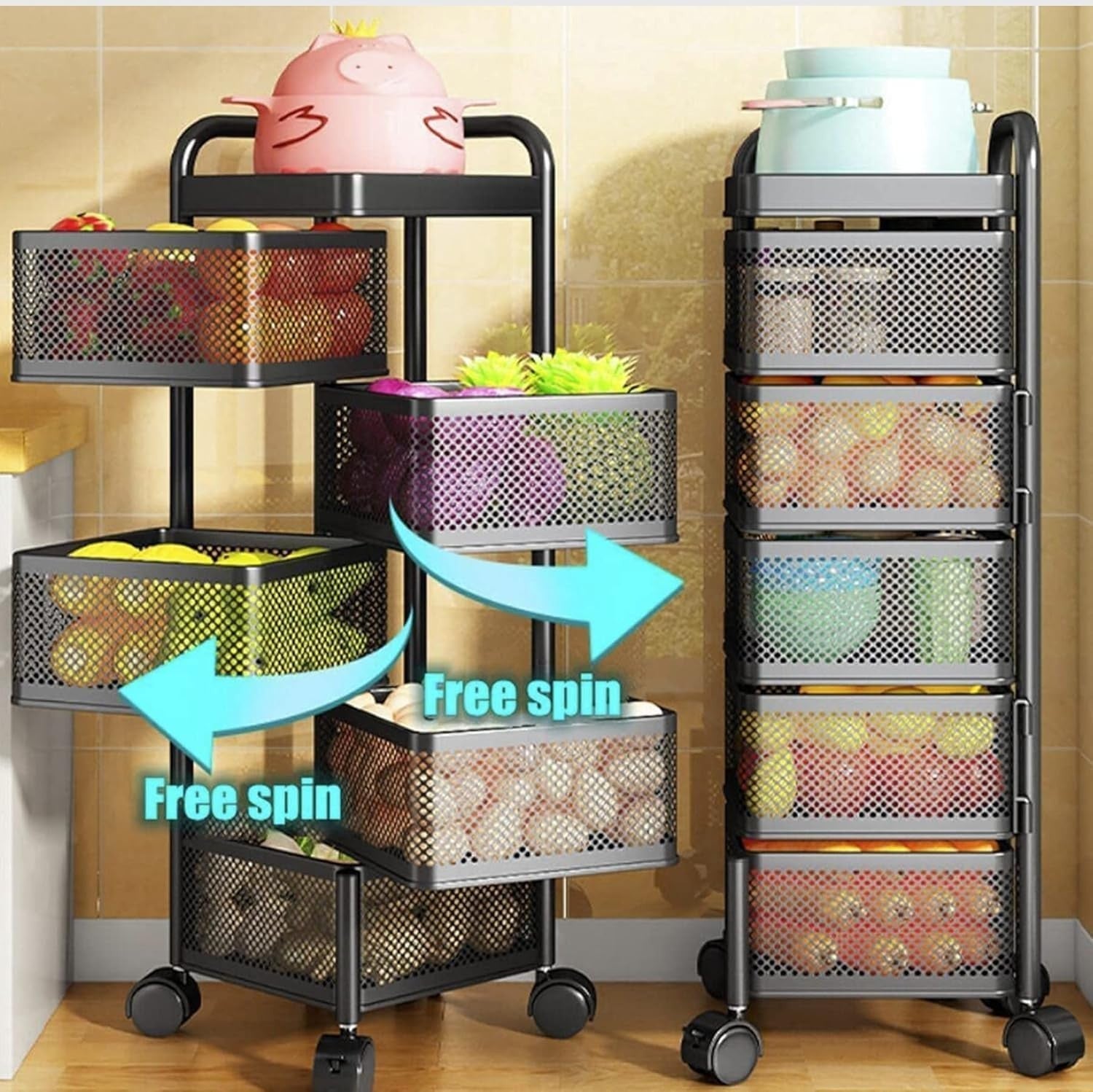 5 Tier Rolling Fruit Vegetable Storage Basket Metal Kitchen Trolley