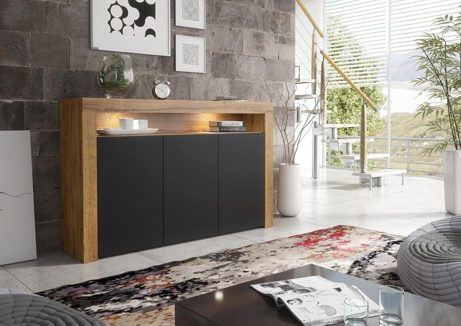 Modern 155cm Sideboard Dark Oak Black Matt Doors LED Storage Cabinet