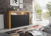 Modern 155cm Sideboard Dark Oak Black Matt Doors LED Storage Cabinet