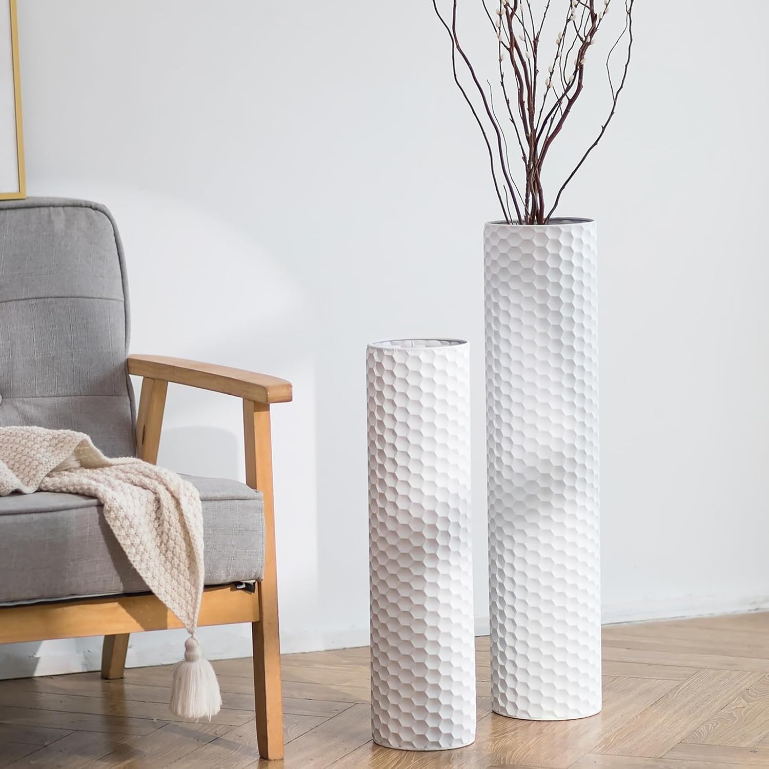 White Tall Floor Vase Set of 2 Metal Standing Vases Modern Home Decor