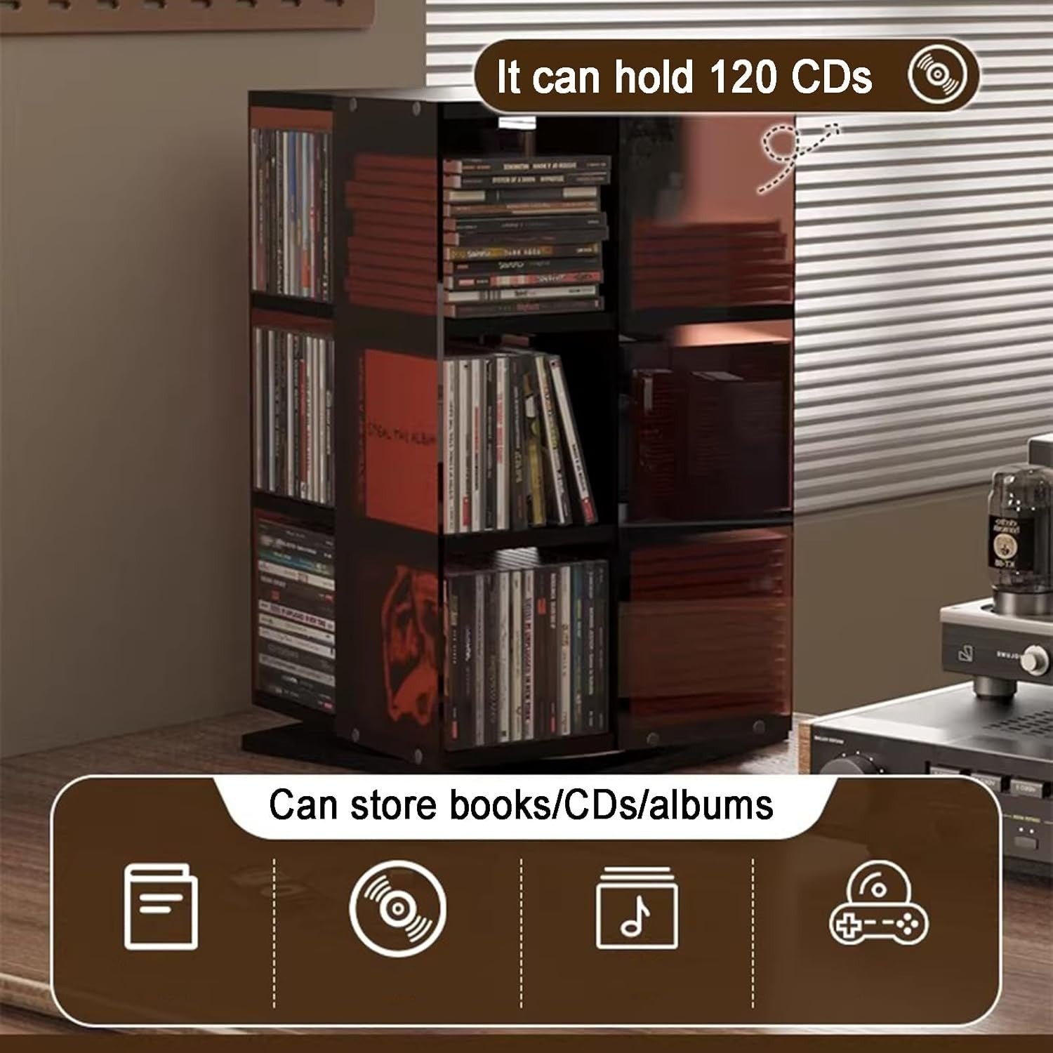 3 Tier Rotating CD Storage Rack Media Tower Holds 120 CDs DVD Display