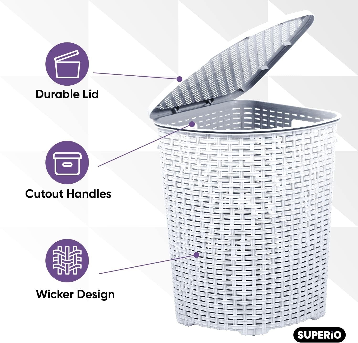 2 Pack Corner Laundry Hampers 50L White Wicker Baskets w/ Lids Space Saving