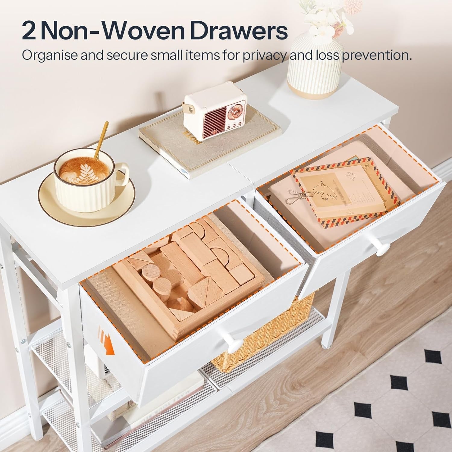 Slim White Console Table with 2 Drawers & Mesh Shelves – Space-Saving Storage
