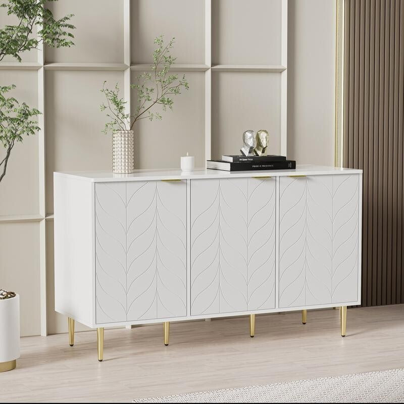 Modern White Storage Cabinet with Gold Legs – 4-Door Sideboard Unit 127cm