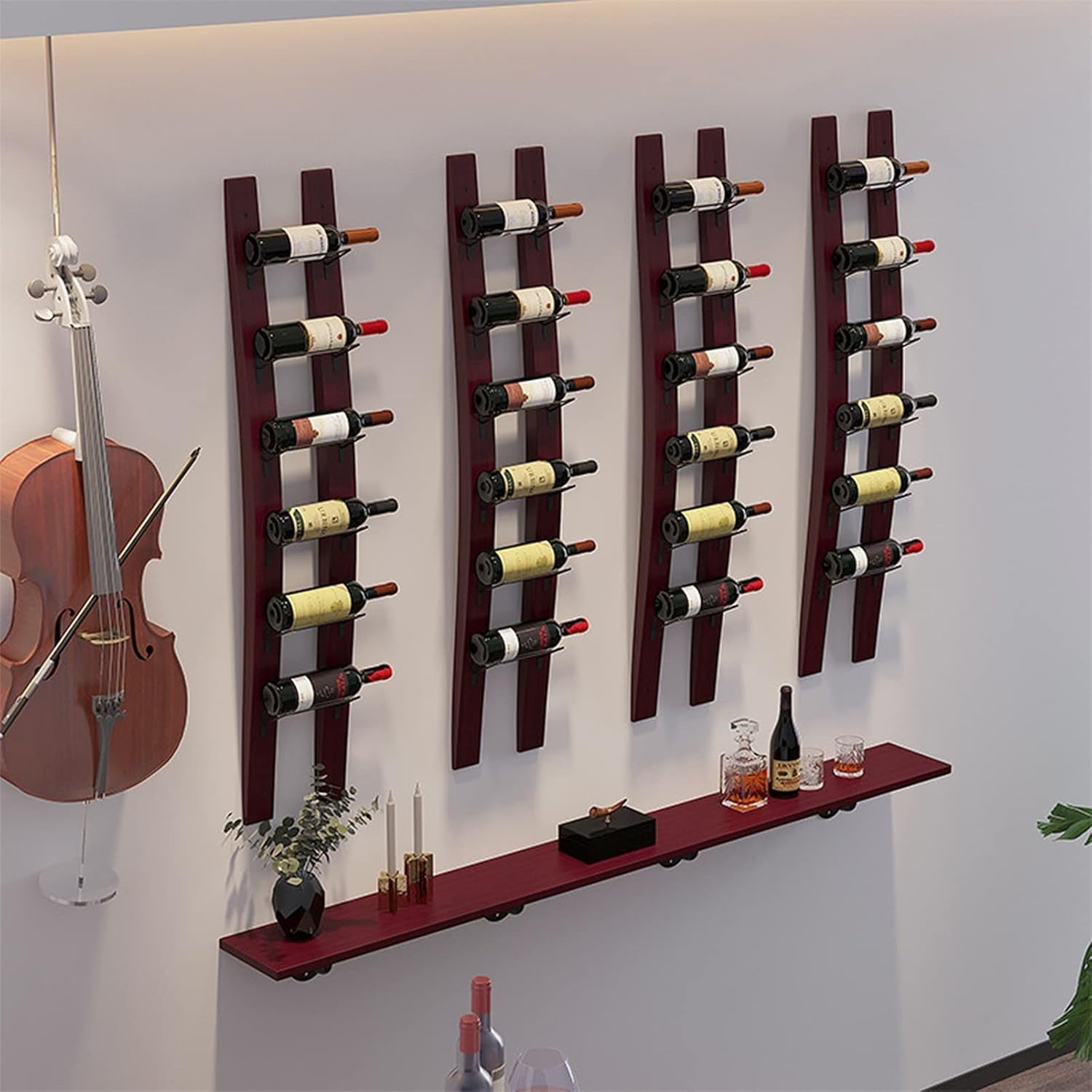 Wall Mounted 6 Bottle Wine Rack Rustic Wood & Iron Vertical Space Saving Display