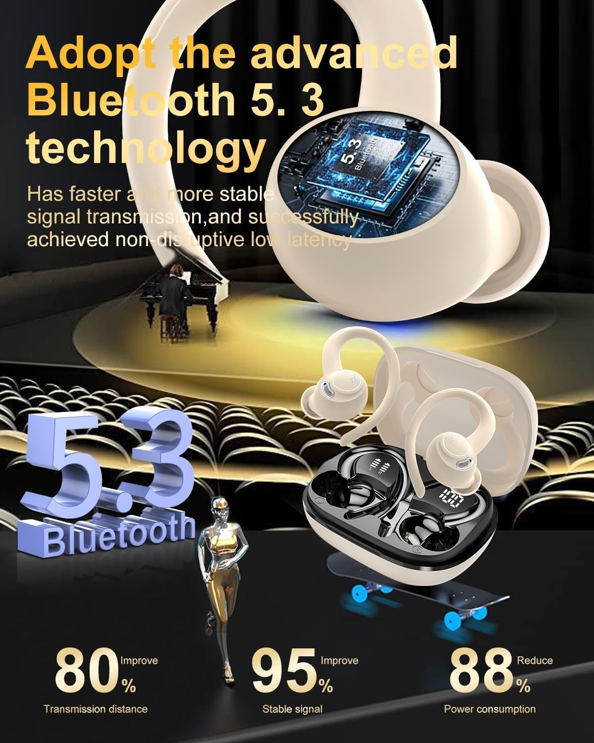 Beige Bluetooth 5.3 Wireless Earbuds 40H Playtime IP7 Sport EarHook