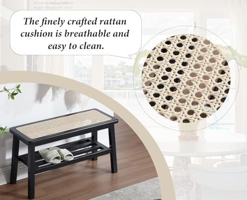 Black Rattan Dining Bench with Solid Wood Legs Entryway Shoe Storage Ottoman