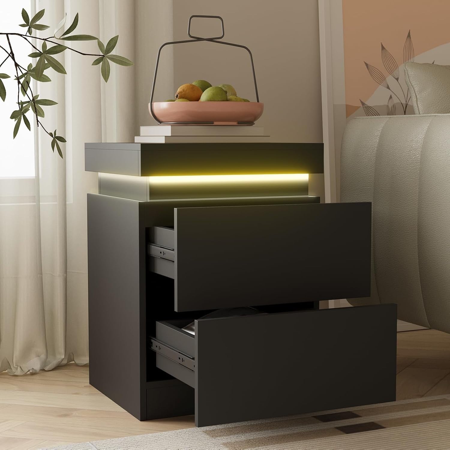 Set of 2 Modern LED Bedside Tables with USB Charging | Black 2 Drawer Nightstand