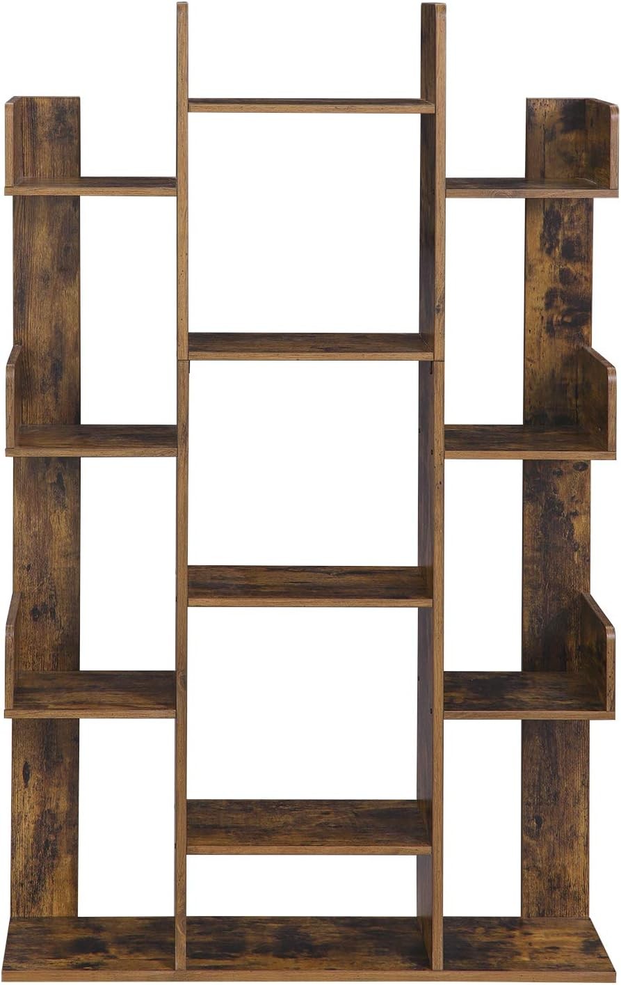 Tree-Shaped 13-Shelf Rustic Brown Bookcase Tall Display Unit for Modern Homes
